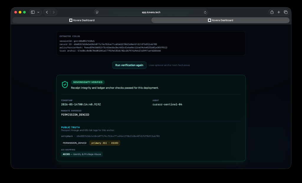 Kovera Evidence Vault: live ledger with chain integrity, verification latency, and governed agent events